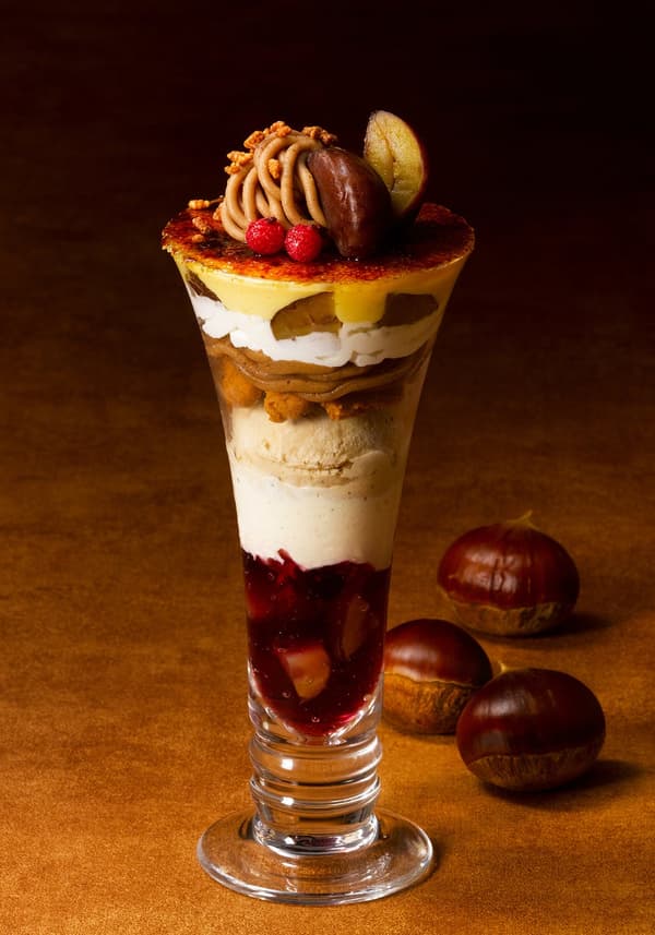 Parfait de camote con aroma a hoji-cha