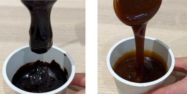 冷冻酱汁对比图 — 左：普通冷冻酱汁；右：Mamire的酱汁，在冷冻温度下保持液态