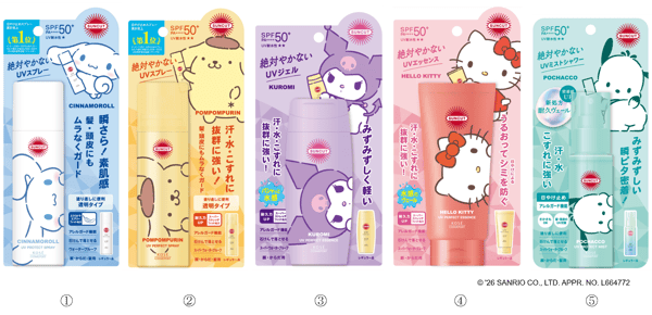 展示五款带有Sanrio卡通人物设计的SUNCUT产品的产品线