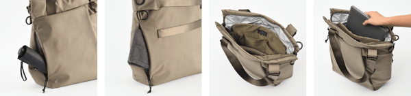 Asymmetry tote — front, back, interior, and sleeve pocket views (left to right)