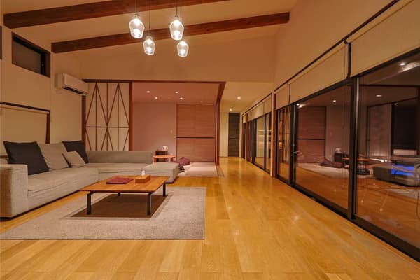 Living area at the one-group-only KUON villa in Amanohashidate