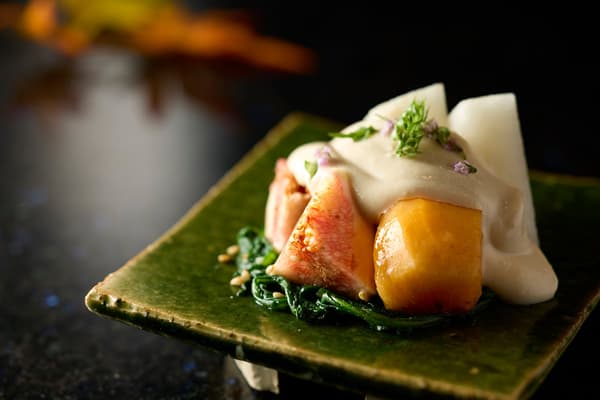 Autumn shiraae with persimmon, pear, and shungiku
