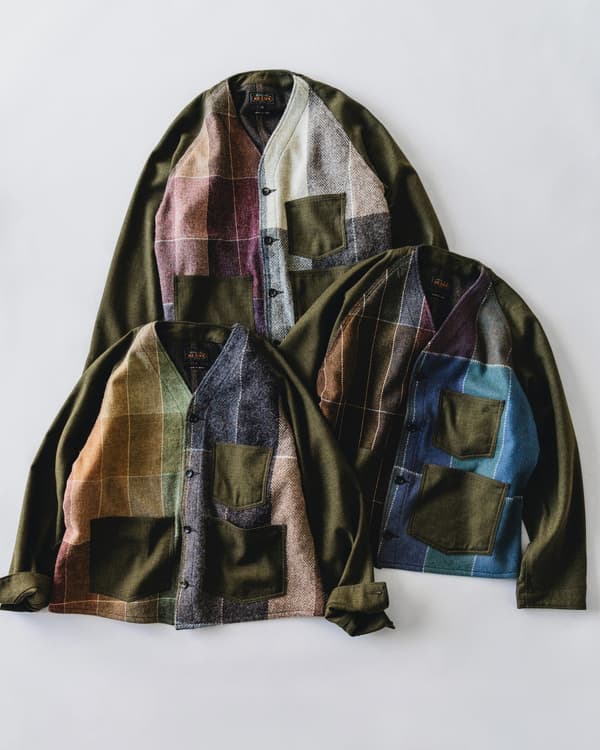 Tres chaquetas de patchwork con mangas y bolsillos en color oliva
