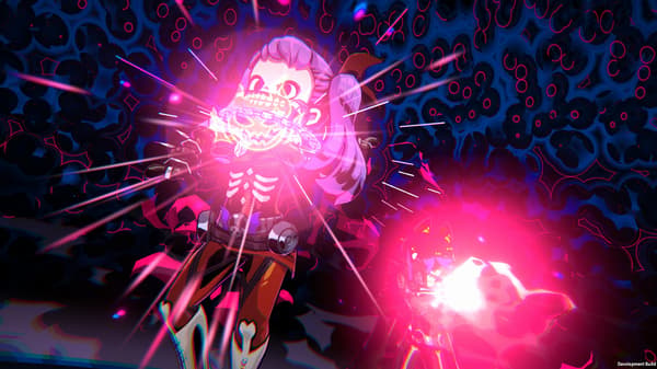 Gameplay screenshot of DEMONS' NIGHT FEVER showing a skeleton character in a glowing pink attack effect