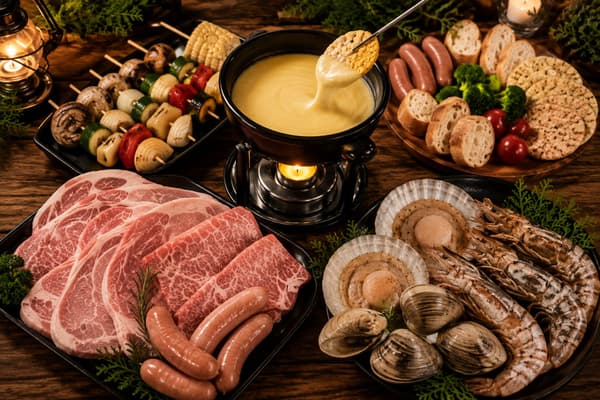 La barbacoa ESPECIAL de temporada, reunida alrededor de carne y marisco de la marca Niigata y fondue de queso
