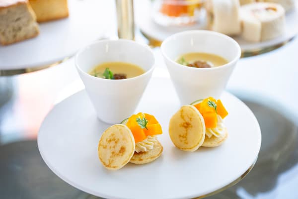 Savory items: mango blini and corn soup