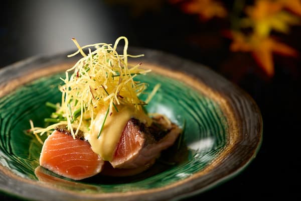 Charcoal-grilled Fuji Atlantic Salmon with egg-miso sauce