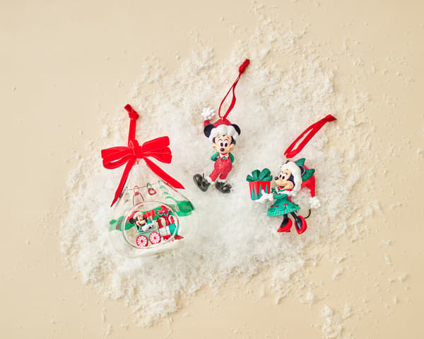 Christmas ornaments featuring Mickey Mouse and Minnie Mouse