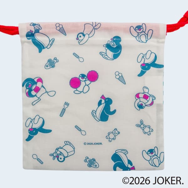 Pingu drawstring pouch with teal polka dots, back
