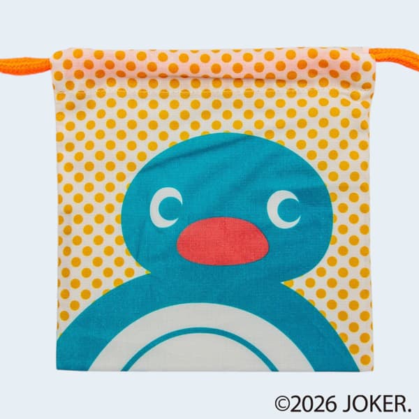 Pingu drawstring pouch with yellow polka dots, front