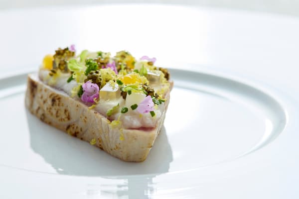 Appetizer: Bonito with Smoky Aroma, Yam, Turnip, Tonburi, and White Soy Sauce