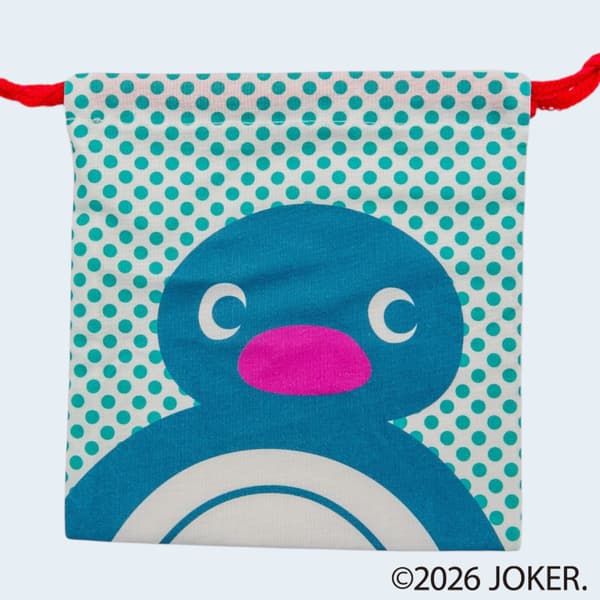 Pingu drawstring pouch with teal polka dots, front