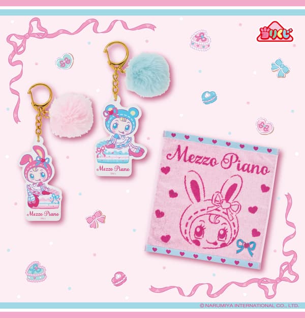 Left to right: Acrylic Charm Pink / Acrylic Charm Blue / Hand Towel