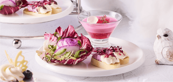 Savory plate: (left) Beni-Shigure Daikon Rose Garden Salad, (back) Red Shiso Panna Cotta with Aspic Jelly, (right) Purple Sweet Potato and Tuna Bruschetta