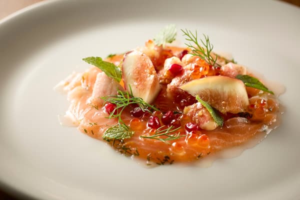 Fuji Atlantic Salmon and seasonal fruit carpaccio with ikura