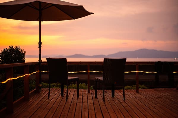 View of the Shiranui Sea and the Amakusa Islands from the wood deck