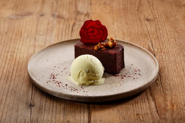 Gateau Chocolat with Beets and Pistachio Ice Cream