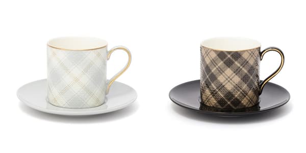 Tartan Cup & Saucer in gray and brown