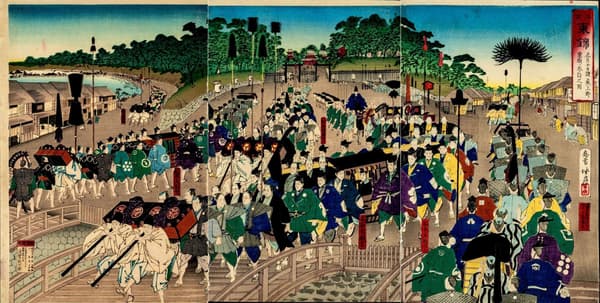 Grabado de procesiones de daimyo cruzando los puentes Mihashi en Ueno para rendir culto en el templo Kan'ei-ji durante el periodo Edo