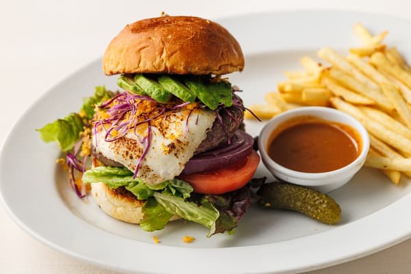 Smoked Mozzarella Cheese and Avocado & Fluffy Mimolette Cheese Burger