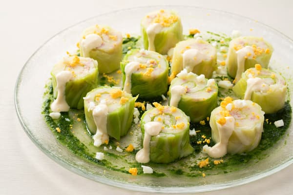 White Miso Potato Salad Wrapped in Matsunami Cabbage with Miura Farm Kale Sauce