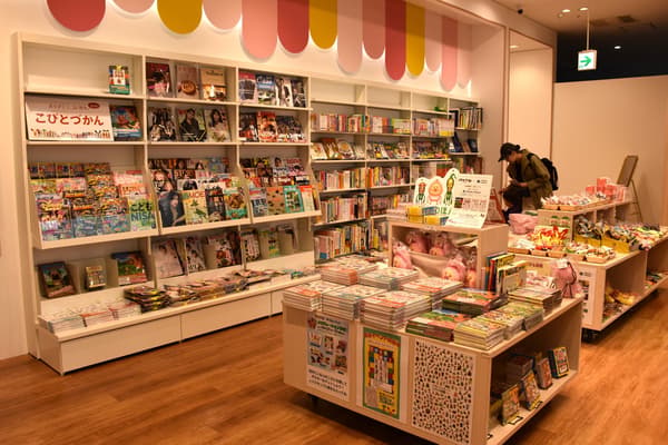 Magazines, children's books, and fair corner near the entrance