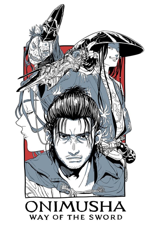 Ilustración de Miyamoto Musashi y las figuras que lo rodean, dibujada por NAKAKI PANTZ para Onimusha: Way of the Sword