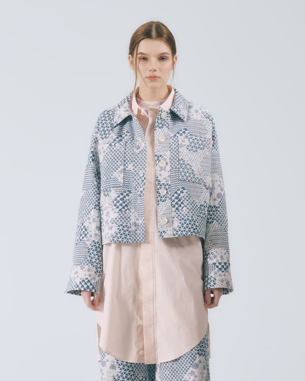 Jaket Kerja Denim Motif Bunga Geometris (Pola Denim)