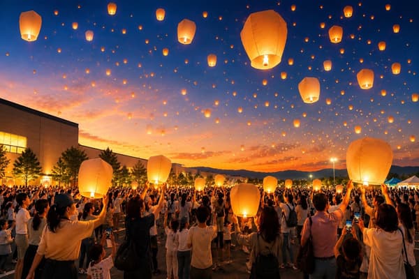Sky Lantern 2026 lanterns lighting up the night sky at MITSUI OUTLET PARK SHIGA RYUO