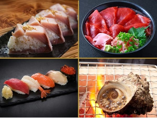 菜单包括寿司、海鲜盖饭、蝾螺壶烧等