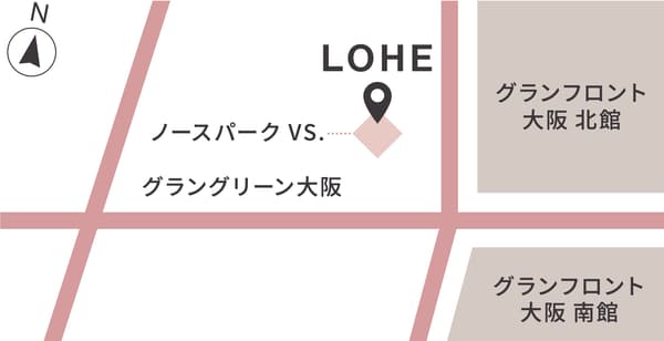 Mapa que muestra LOHE en North Park VS. en Grand Green Osaka, cerca de los edificios Norte y Sur de Grand Front Osaka