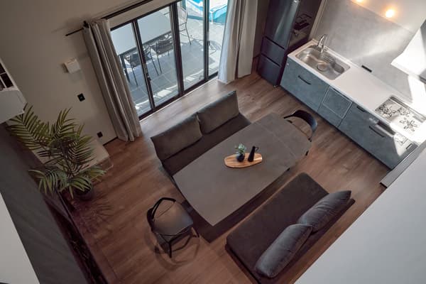 Open living room with high ceiling