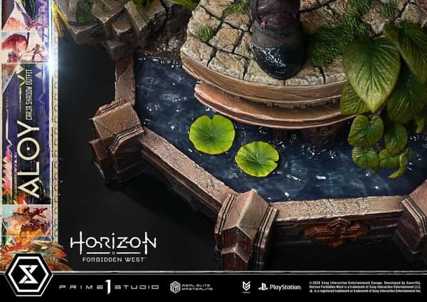 Ancient ruins base with greenery and water