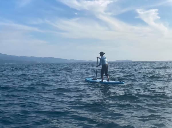 Seorang pendayung stand-up paddle di laut lepas