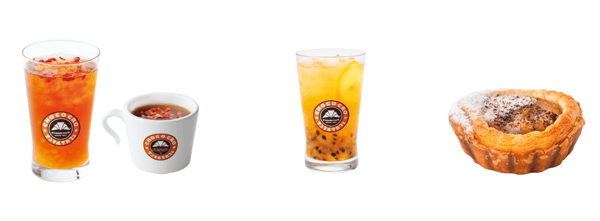 从左至右：草莓苹果日式红茶、冻顶乌龙水果茶（粉红葡萄柚&柚子）、红茶蛋挞