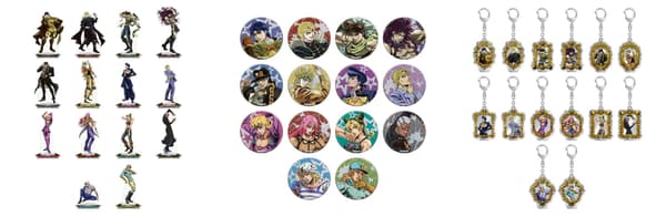 Acrylic stands, can badges and mirror keychains