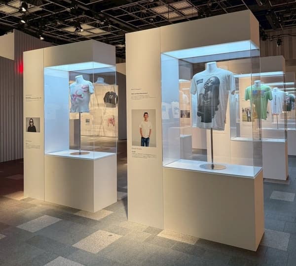 Memorable T-shirts from musician and producer Hiroshi Fujiwara, manga artist Fujio Akatsuka, and others are on display