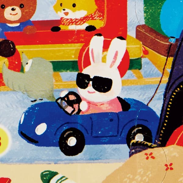 Una escena de la ilustración con un coche de juguete conduciendo por la habitación