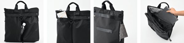 Helmet bag — front center and left views, back, and sleeve pocket (left to right)