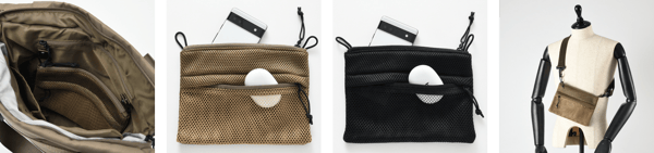 Mesh pouch installed, standalone, and as mini shoulder bag (left to right)