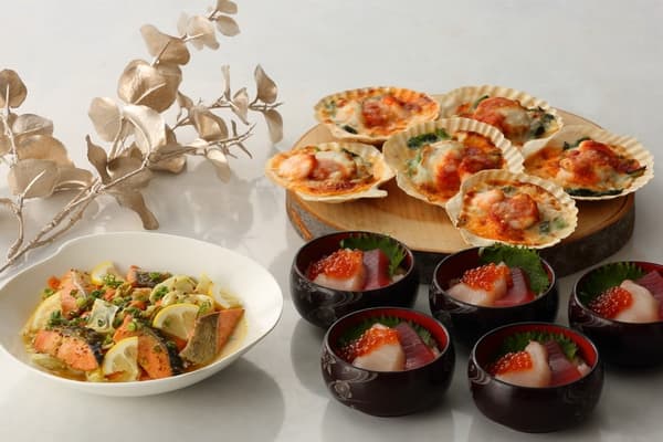 Seafood rice bowl and other varied dishes