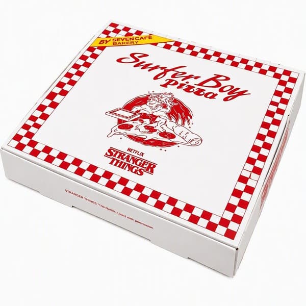 Caja de pizza de colaboración de Stranger Things de Netflix para la Surfer Boy Pizza