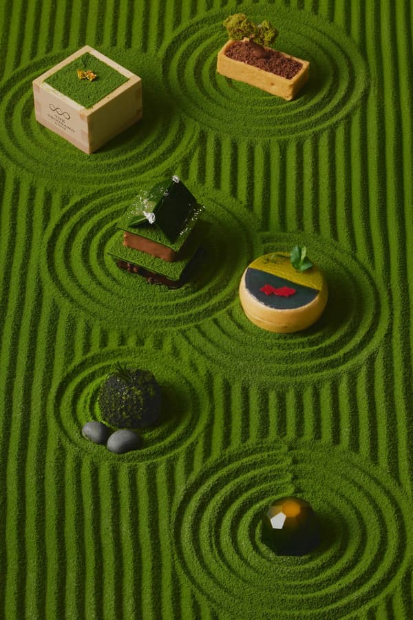 茶点架，展示六种抹茶甜点