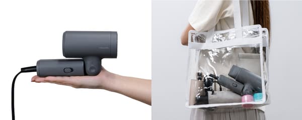 The folded hair dryer resting on a palm, and a dryer stored in a clear tote bag