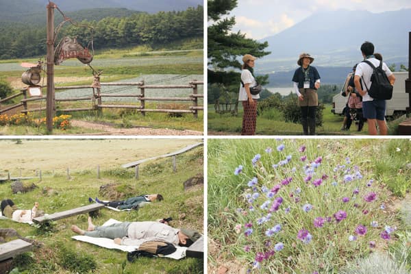 Guests stretching on Aisai-no-Oka Hill