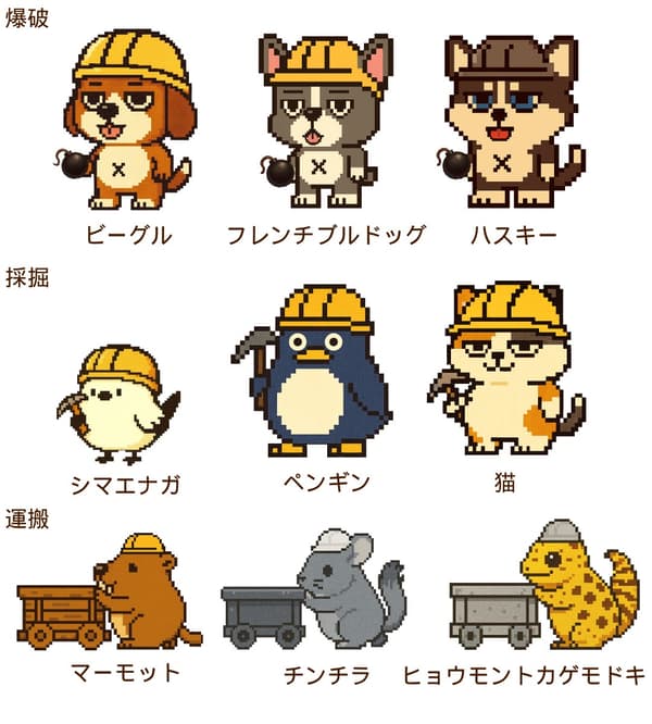Hewan Blaster, Miner, dan Carrier dengan seni piksel