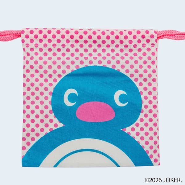 Pingu drawstring pouch with pink polka dots, front