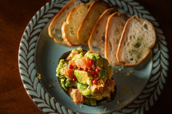 Salmon and avocado tartare canapés