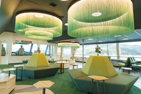 1F seating area with lantern-inspired lighting