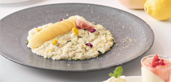 Peach and Gorgonzola Risotto with lemon zest
